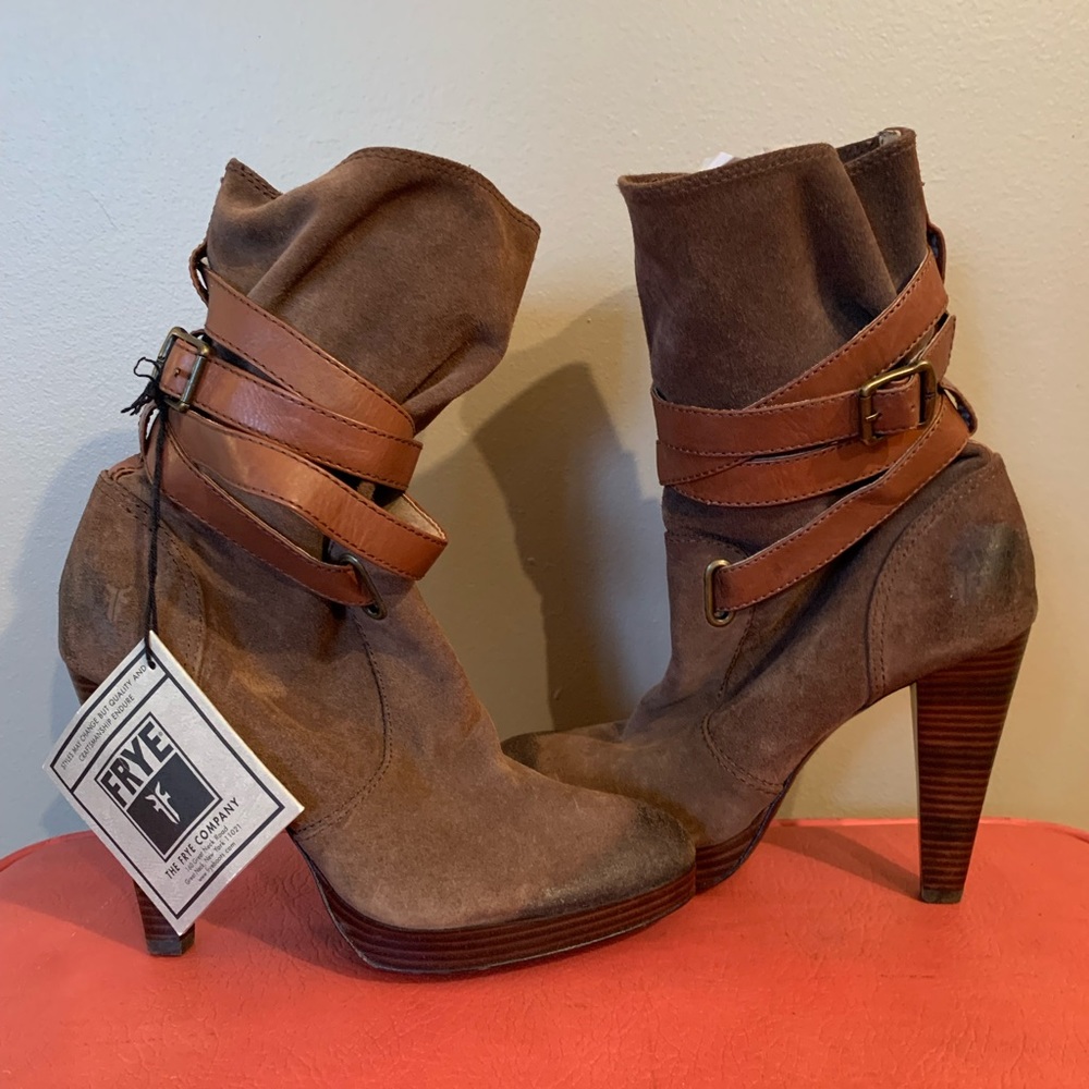 Frye Harlow Multi Strap distressed look high heel boot with stacked heel.